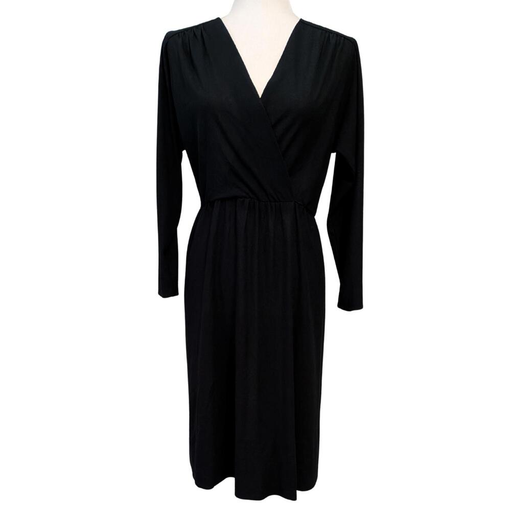 Vintage 1980s Black Wrap Dress - Handmade - Long Sleeve - Women's M/L